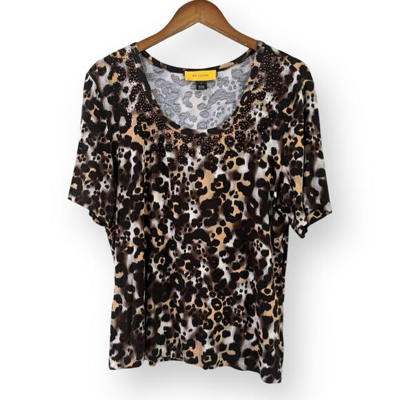 St. John Leopard Print Short Sleeve T-Shirt Blouse Embellished Womens XL Stretch - Picture 1 of 10